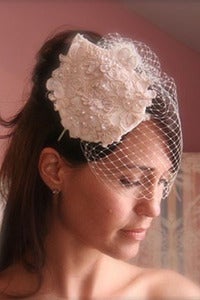 Image of The Lovely - Vintage Alencon Lace Headpiece paired with our Simple Birdcage Veil