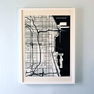 Image of Black Silk-Screen Printed Map of Chicago
