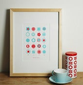 Image of Hand printed 'button series' print in red/blue
