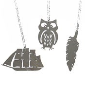Image of Ltd. Edition Pirate Ship/Owl/Feather Necklaces and Earrings made from a recycled GREY vinyl record.