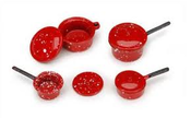 Image of Miniature Red Speckleware Saucepan Set