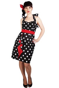 Image of Black & White Fitted Dress With Red Detail