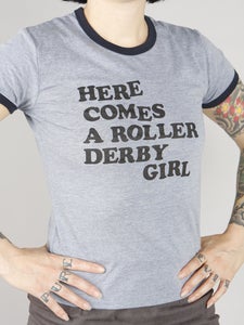 Image of Here Comes a Roller Derby Girl Ringer T-shirt