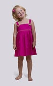 Image of Empire line gathered pinafore dress – hot pink cambric with yellow twill piping & reversible strap