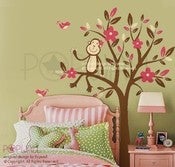 Image of Monkey Sitting on a Flower Tree - 085  Vinyl Sticker Wall Decal for Girl Boy Nursery