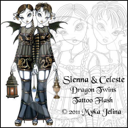 Image of Sienna Celeste Dragon Twin Fairy Tattoo Flash