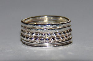 Image of Rustic beaded (dotted), smooth and hammered sterling silver stacking rings set sizes 4.5.6.7.8.9.10.