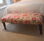 Image of Long Stool - Zarafshan cyclamen/blue with Oxford Blue painted legs