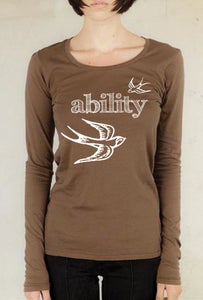Image of "Ability Gives You Wings!"  ladies long sleeve, scoop neck top, cocoa