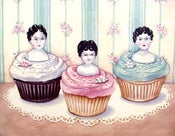 Image of "cupcake girls" vintage porcelain doll topped cupcakes print