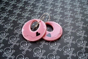 Image of Bubblegum Pink Porcelain Hoops with Black Heart Balloon