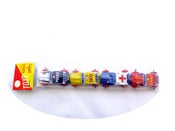Image of Japanese miniature toy cars, Nakamura, Fire, Police, Ambulance, Taxi set of four