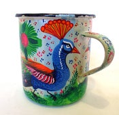 Image of  Sindhi hand painted enamel mug, peacock design