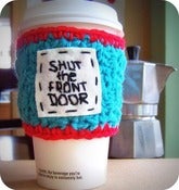 Image of Funny travel coffee mug Shut the Front Door crochet handmade