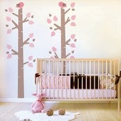 Image of Birch Tree with Birds Fabric Decal - Removable and Reusable