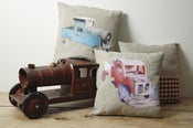 Image of Handmade cushion on natural linen and cotton – Red Vintage Truck