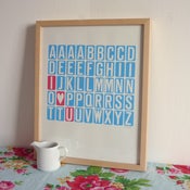 Image of I Heart U screenprint on paper - sky/raspberry