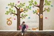 Image of NEW DESIGN - Animal Friends in Woodland with tyre swing - Vinyl sticker wall decal children playroom