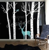 Image of Vinyl wall sticker decal Art -Winter Birch Trees with Deer and Bird - dd1008