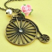 Image of I Like To Ride My Penny Farthing - Long Bronze Pink and Cream Floral Bicycle Necklace