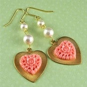 Image of Summer Loving - Gold and Peach Floral Heart Dangle Earrings with Cream Swarovski Pearls