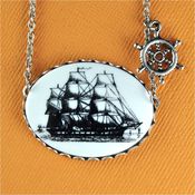 Image of Ahoy Me Hearties - Silver, Black and White Pirate Ship Cameo Necklace