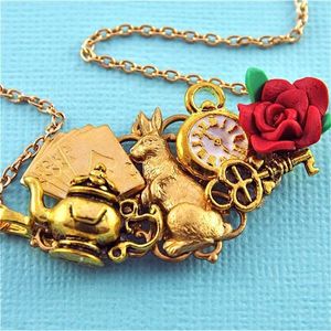 Image of Down The Rabbit Hole - Gold and Red Alice in Wonderland Necklace