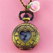 Image of Sweetheart - Long Bronze Heart Pocket Watch Necklace with Flower