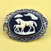 Image of Horse and Foal - Silver Black and Cream Cameo Brooch 