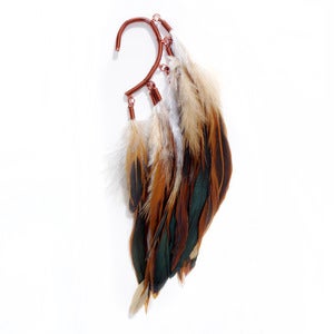 Image of Ear cuff with burnt red rooster feathers