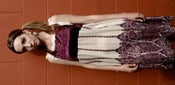 Image of Purple Velvet top with flowing printed cream and floral bottom all trimmed with lace
