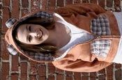 Image of plaid and blue bear ear orange dyed hoodie with a squirrel