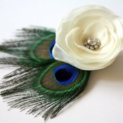 Image of "Sadie" Ivory or White Satin Flower Wedding Hair Clip with Peacock Feathers