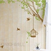 Image of Bird Cage Hanging off Tree Branch with Birds Wall Decal Sticker KK107