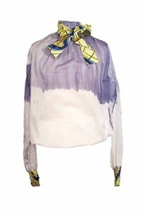 Image of Blouse cravate en voile de coton aquarelle bleue / Cotton Blue Paint blouse