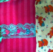 Image of baby dress stripe pink front with heart buttons and blue lace back bunny and duck vintage fabric bot