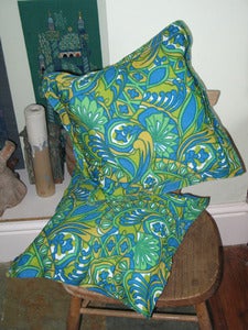Image of Pair small 70's print green/blue cushions