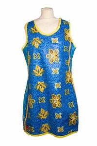 Image of Robe sport filet bleue motifs jaunes / Blue sport net dress yellow pattern 