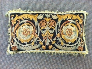 Image of Needlepoint Pillow with Tassels Green/Gold 14x26"