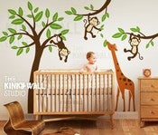 Image of Giraffe sticker decal with Monkeys on Tree - KK127 - Children Baby Kid Boy Girl Playroom