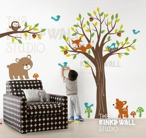 Image of Full Tree with Branch Forest Friends Bear - vinyl wall sticker decal - KK123 - Children Baby Kid nur