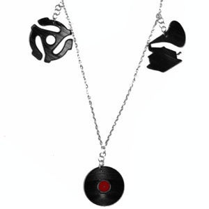 Image of Record/Gramaphone/45 Adapter Charm Necklace made from recycled vinyl records.
