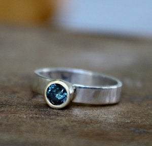 Image of Sterling Silver and 14k Gold Ring with Blue Diamond
