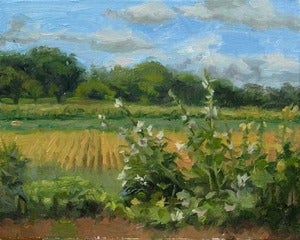 Image of Hollyhocks and Farm Fields