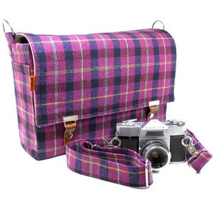 Image of Large camera messenger bag with detachable camera strap in purple vintage wool