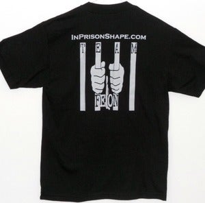 Image of Two-Sided TEAM FELON -- INPRISON SHAPE T-Shirt, Black with Silver Design, M - XL