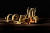 Image of Papperdelle and Paccheri pasta, white asparagus, Chanterelle mushroom
