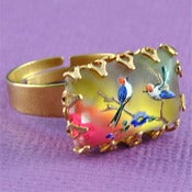 Image of Twittering Birds - Vintage Bird Stone Ring in Brass Gold Pink Yellow Green and Blue