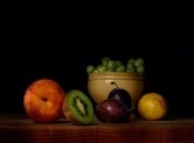 Image of Orchard peach, Kiwi fruit, Prune plums, Yellow plum, Green grapes
