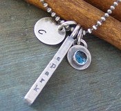 Image of 4 sided bar hand stamped sterling silver and gem stone necklace